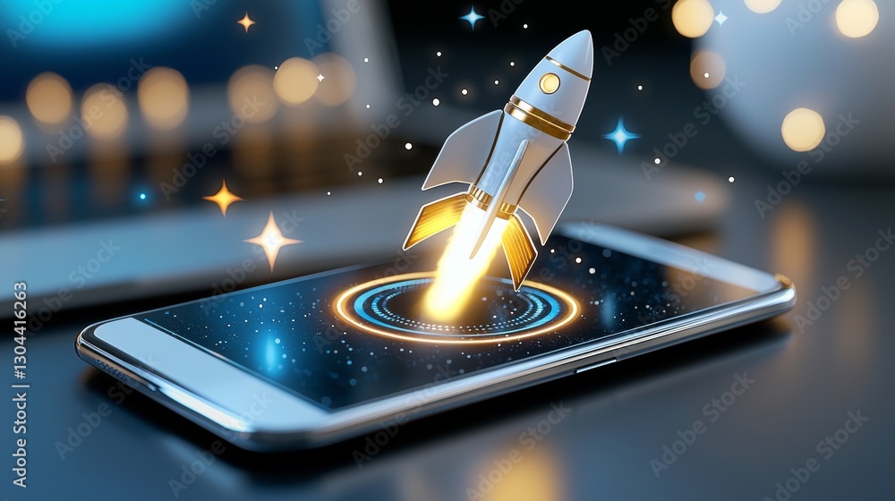 Poster rocket launch animation on smartphone screen digital technology showcase modern workspace futuristic