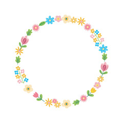 Elegant floral wreath with pink and yellow flowers, romantic nature frame for wedding or invitation, vector illustration