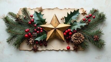 A vintage paper Christmas card, its surface adorned with a golden star, red holly berries, and a verdant fir branch, nestled amongst a scattering of other festive decorations, creating a charming