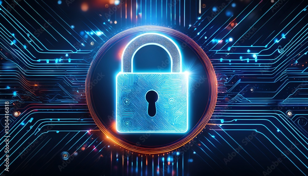Poster a digital padlock symbol surrounded by glowing circuits, representing cybersecurity and data protect