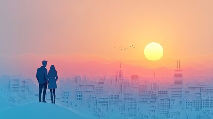 Couple Silhouette Sunset Cityscape Paper Cut Art - Romantic sunset view, couple silhouette, cityscape backdrop, paper cut art , symbolizes love, hope, future, togetherness, and dreams