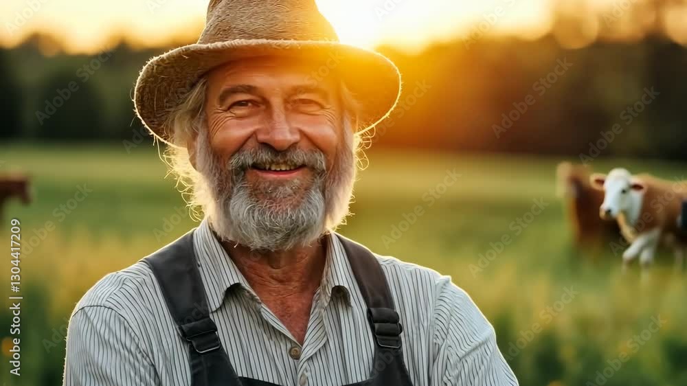 Poster man wearing a straw hat and apron is smiling in a field with cows. scene is cheerful and relaxed