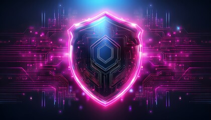 A vibrant digital shield design with glowing neon colors, symbolizing cyber security and protection in a modern technological context.