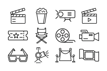 Simple Line Art Icons Representing Movie Production and Entertainment