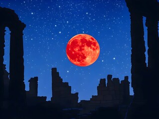  Blood Moon Over Ancient Ruins Under a Starry Night Sky