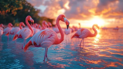 Fototapeta premium Flamingos sunset beach Caribbean paradise tropical birds