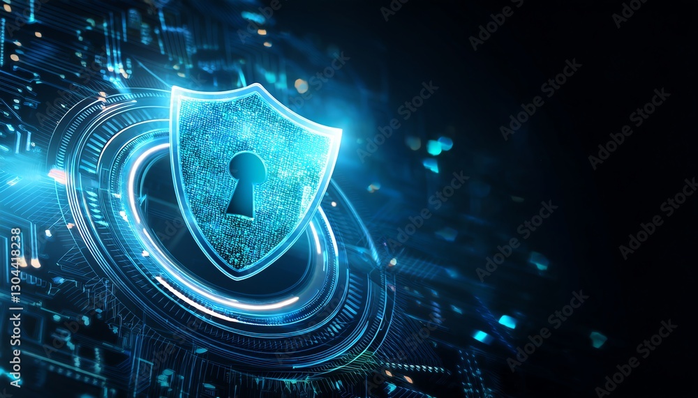 Aufkleber a glowing digital shield icon representing cybersecurity and data protection against a high-tech bac