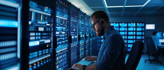 A man in a blue shirt monitors data security on multiple screens within a high-tech server room.