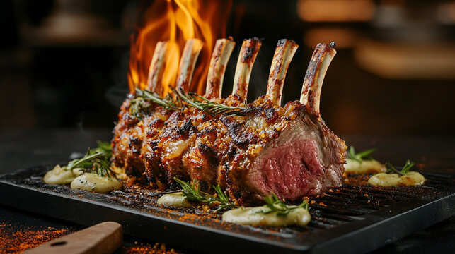 Delicious grilled rack of lamb rosemary garnish roasted meat food herb meal juicy image dinner savory