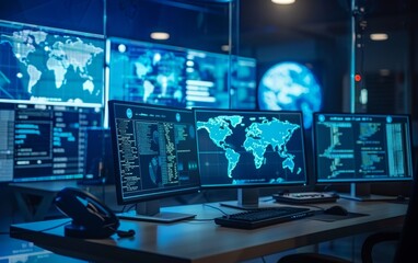 Naklejka premium High-tech screens display a digitally rendered world map for monitoring global data traffic and cyber threats.