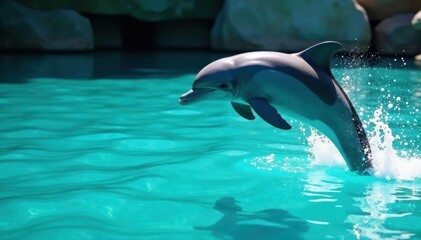 Dolphins leap, sleek bodies glistening, turquoise water , exuberant, aquatic