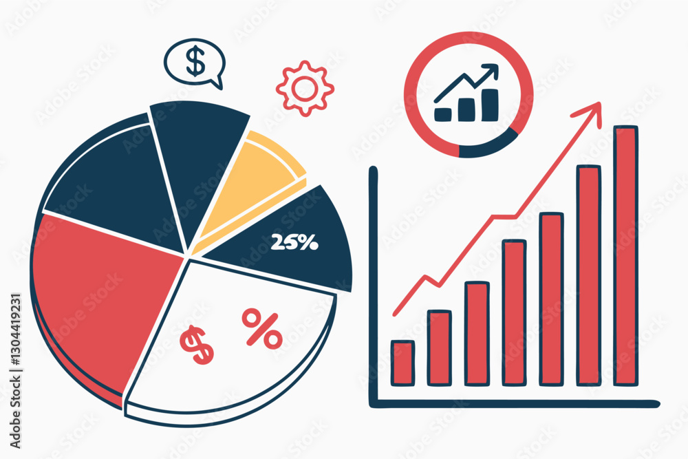 Aufkleber business growth and financial analysis illustrated with graphs and pie chart elements in a modern ve