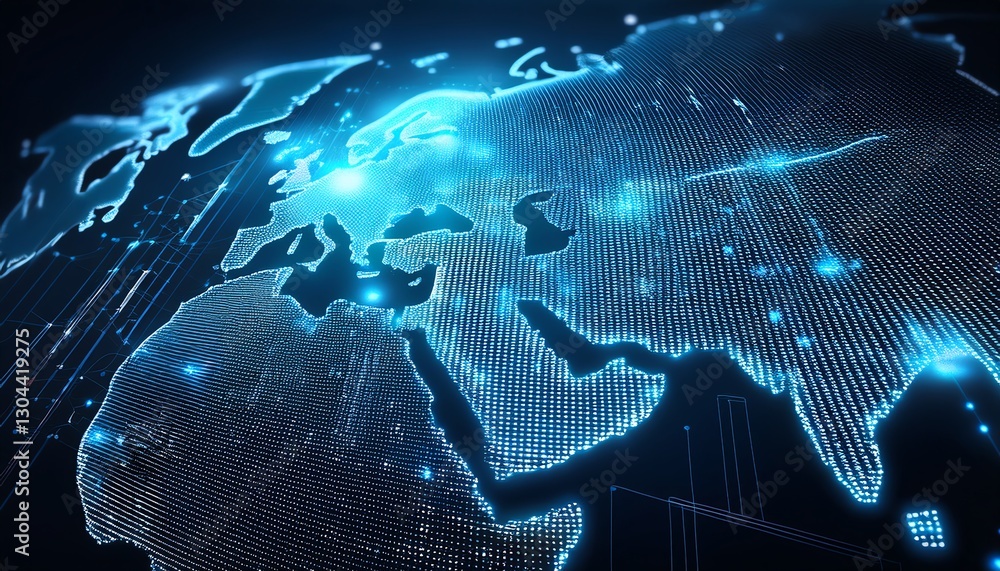 Poster a high-tech digital map of europe and asia, featuring glowing data points and interconnected lines, 