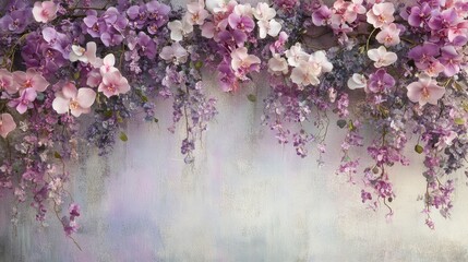 A symphony of pastel hues unfurls as orchids, their petals like brushstrokes of lavender, soft pink, and delicate white, cascade from their branches, creating a dreamy backdrop that invites the