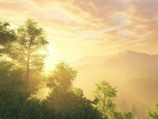 Obraz premium Countryside scenery covered in haze, with green trees in the early morning light