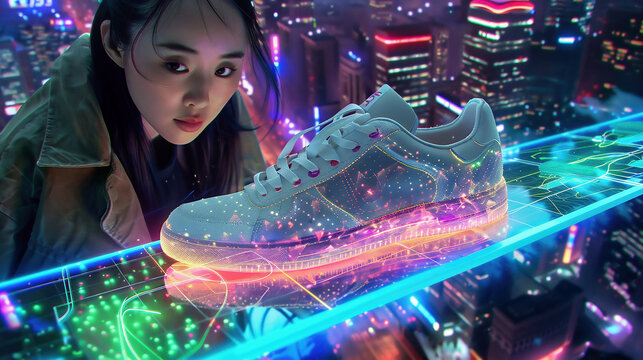 Female Designer Uses a VFX Hologram Screen to Create a 3D Shoe Design in a Graphical Interface Software. Young Professional Entrepreneur doing Digital Fashion, Sneaker and Clothing Deisgn