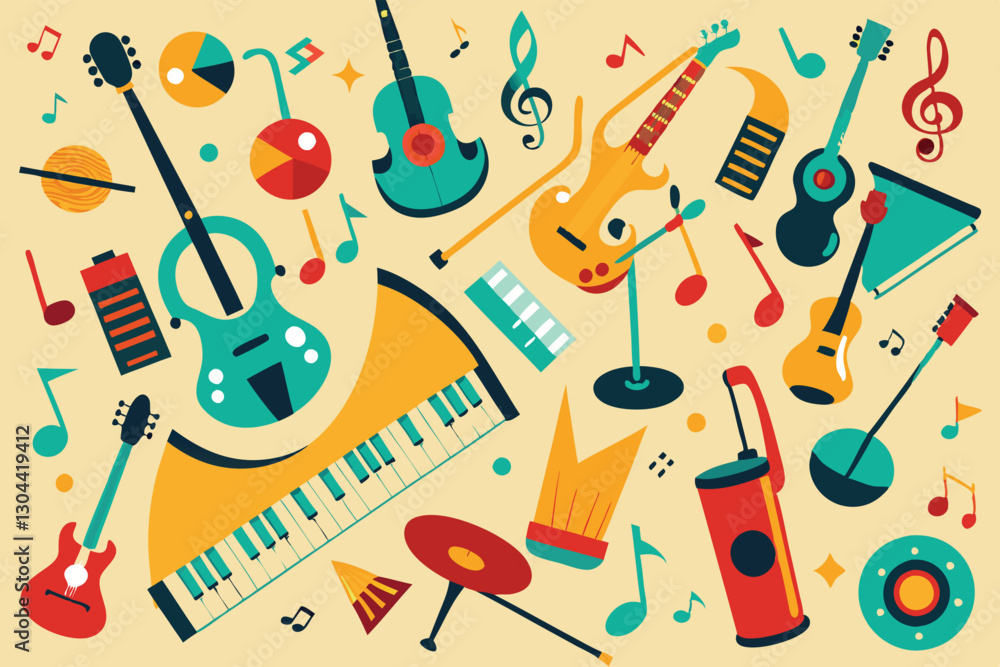 Poster colorful vector illustration showcasing a variety of musical instruments in an upbeat and lively pat