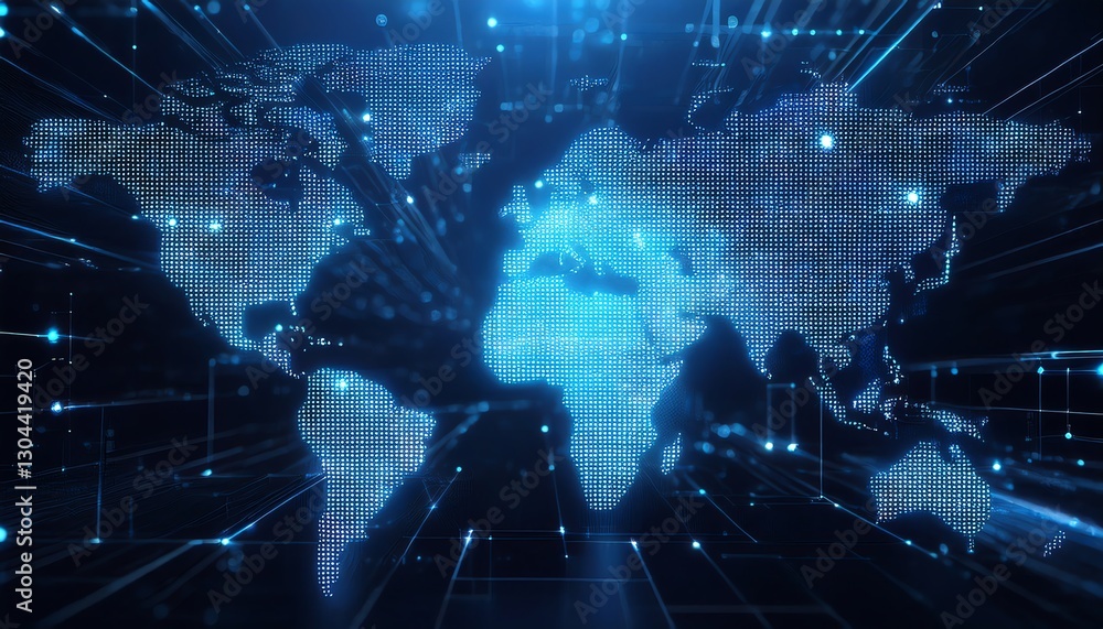 Poster a digital representation of a world map illuminated with a network of blue lights and data streams, 