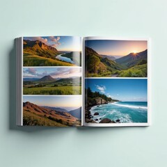 Open photo album showcasing diverse landscapes , forest, print