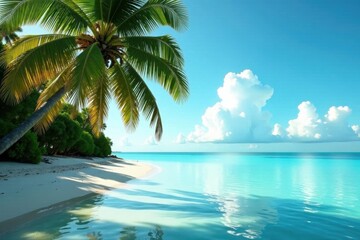 Palm's shadow on tranquil lagoon, sun-drenched , frond, sea