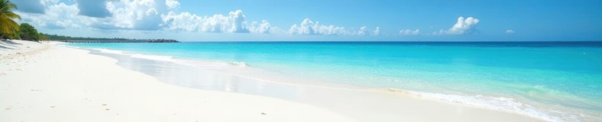 Obraz premium Panoramic view of Sandspur Beach showcasing white sand and blue water , paradise, light