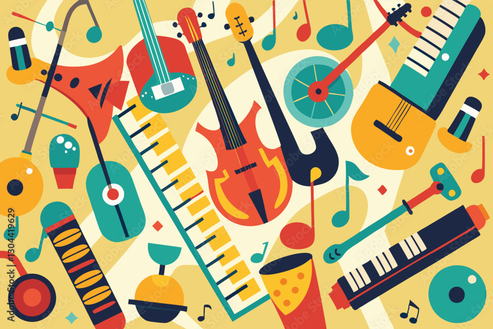 Poster colorful vector illustration showcasing a variety of musical instruments in an upbeat and lively pat