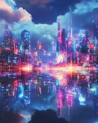 Fototapeta premium Futuristic cityscape reflecting in a tranquil body of water. Vibrant neon lights illuminate the skyscrapers under a dramatic, cloudy sky. Digital art, cyberpunk aesthetic.