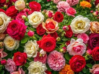 Naklejka premium Aerial View of Red, White, and Pink Rose Garden - Stunning Floral Background