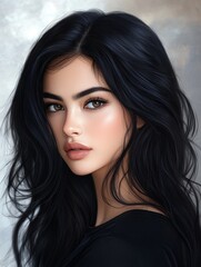 Naklejka premium Elegant Woman with Long Black Hair - Portrait of a beautiful woman with long, flowing black hair and subtle makeup. She is looking over her shoulder