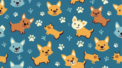 Cute vector illustration of playful dogs with various colors and expressions on a blue background featuring paw print patterns