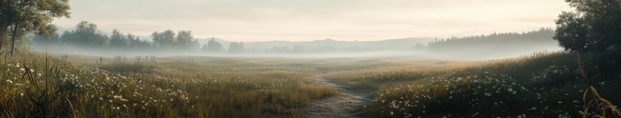 Fototapeta premium Fog envelops a tranquil field with wildflowers at dawn