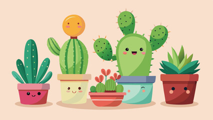 Colorful vector illustration of happy plants in various pots surrounded by a bright sun on a gentle background