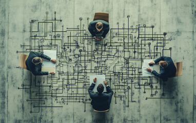 Obraz premium A team of business professionals strategizes over a complex diagram on the floor, planning corporate solutions