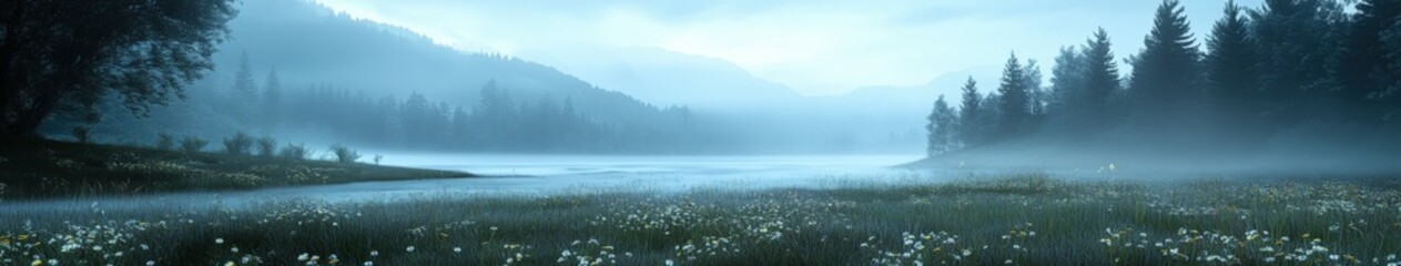 Fototapeta premium Misty morning landscape with flowers and peaceful lake