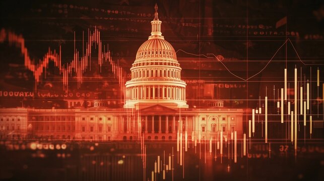 Us capitol with financial charts symbolizes government spending and economic policy.