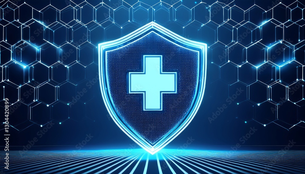 Poster a digital shield with a medical cross symbol, surrounded by a network of hexagons, representing heal
