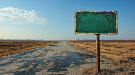 Blank green rusty metal sign on road
