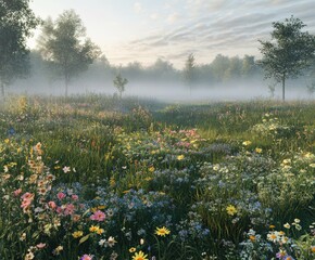 Fototapeta premium Relaxing morning fog in a vibrant flower-filled meadow
