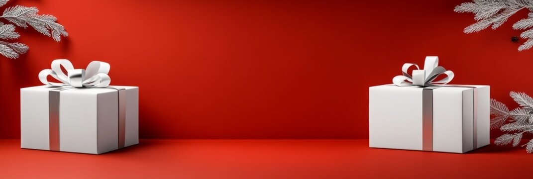 Festive Gift Boxes on Red Background - Two white gift boxes with silver ribbons sit on a red background, framed by snowy branches. Perfect for holiday promotions