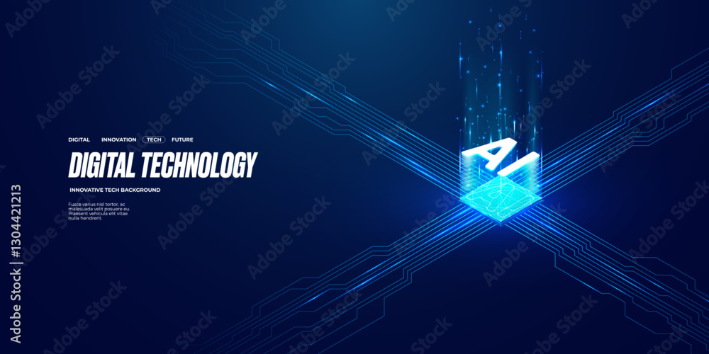 Poster Isometric futuristic tech bg with AI chip hologram and circuit wires. Artificial Intelligence light glitter semiconductor on technology background. AI processor Abstract digital vector illustration. 