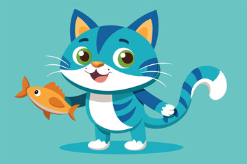 Fototapeta premium Cute playful cat holding a fish in a cartoon style against a bright blue background during daylight hours