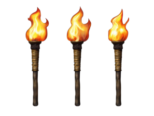 Three burning outdoor torches with wooden handles, isolated on a transparent or white background