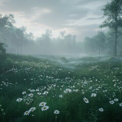 Fog envelops a tranquil meadow filled with vibrant wildflowers
