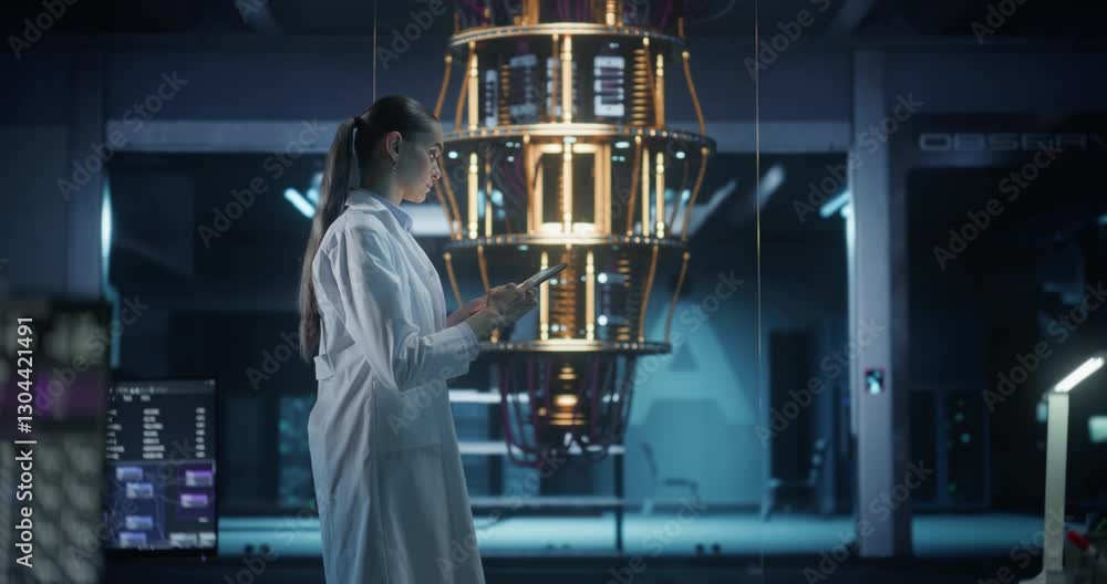 Poster portrait of a female researcher standing next to a powerful quantum processor, using a tablet comput
