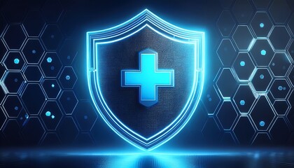 A glowing shield with a cross symbol, representing health and protection, set against a digital, hexagonal background.