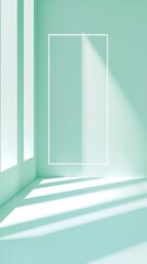 Obraz premium Geometric Elegance: An empty frame within a pastel-hued minimalist interior. The play of light and shadow emphasizes clean lines, creating an atmosphere of serene sophistication.