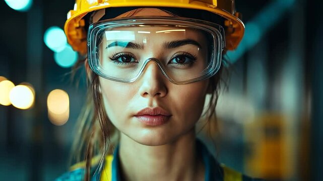 Woman wearing a yellow hard hat and safety glasses. She is looking directly at the camera. Concept of professionalism and safety awareness