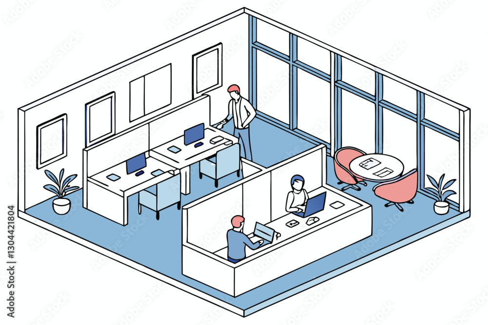 Poster modern office illustration featuring coworkers collaborating in a bright workspace with plants and l
