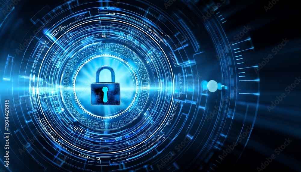 Poster a digital image depicting a padlock surrounded by a blue, futuristic network, symbolizing cybersecur