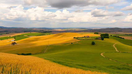 Obraz premium Rolling golden wheat fields, lush green pastures, patchwork agricultural landscape, distant hills, dramatic cloudy sky, sunlit countryside, rural panorama, vibrant colors, undulating terrain, expansiv